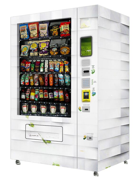 a modern vending machine with snacks and drinks