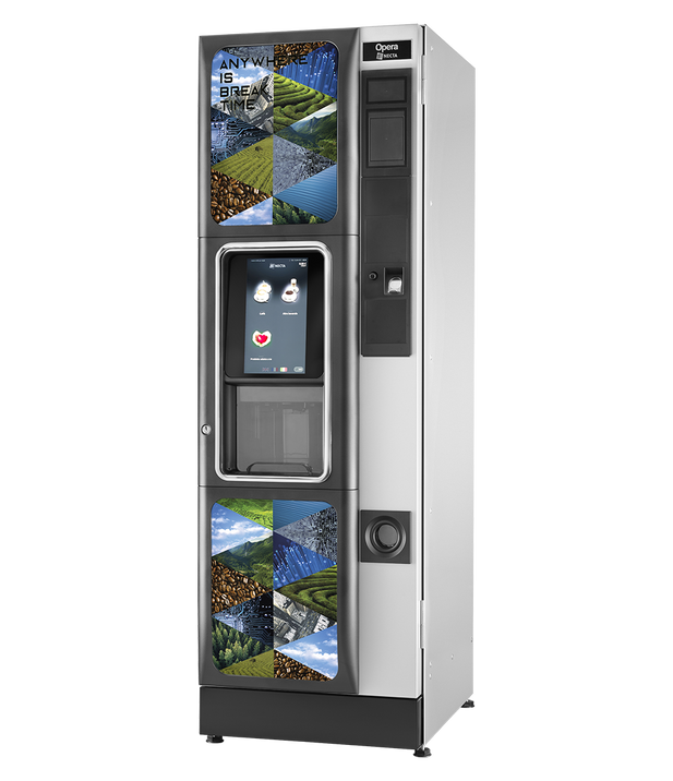 a free standing coffee vending machine offering up to 12 different coffee drinks, cappuccino, latte, chai, hot chocolate, mocha, espresso, and americano